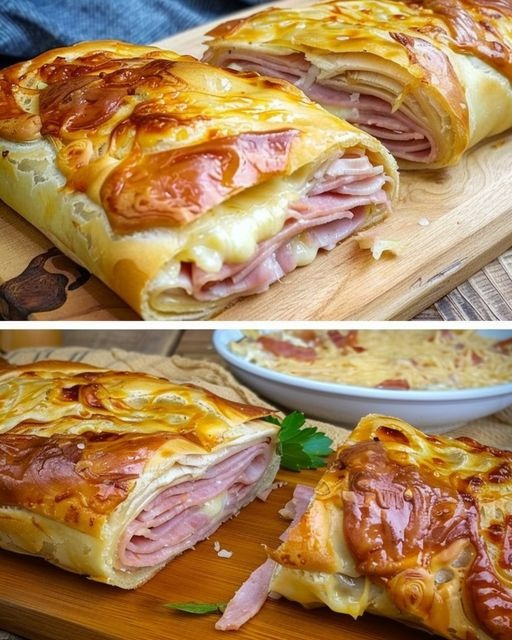 Puff pastry strudel with ham and cheese, absolutely dangerous!