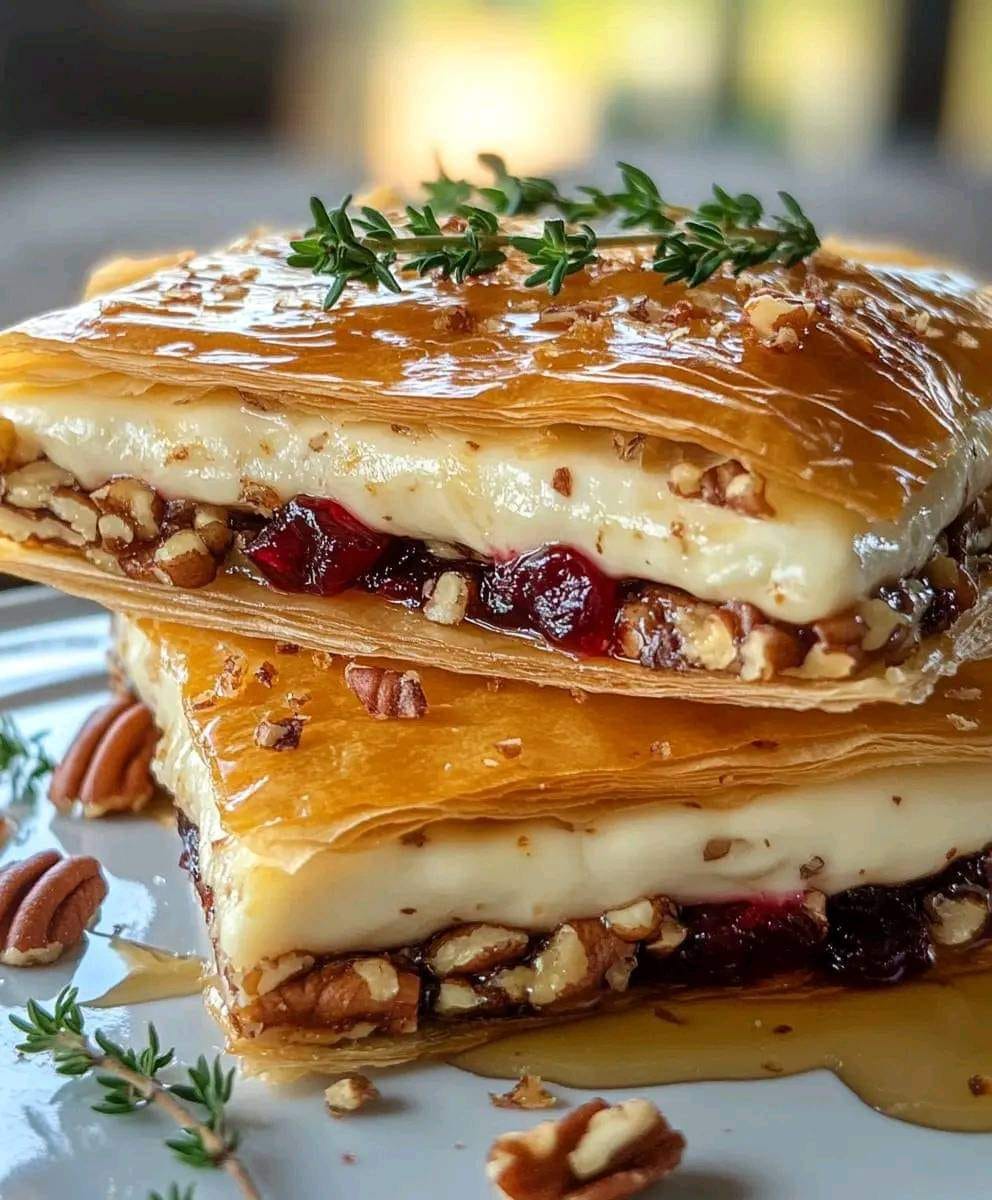 Layered Phyllo Pastry with Brie, Cranberry Sauce, and Pecans 