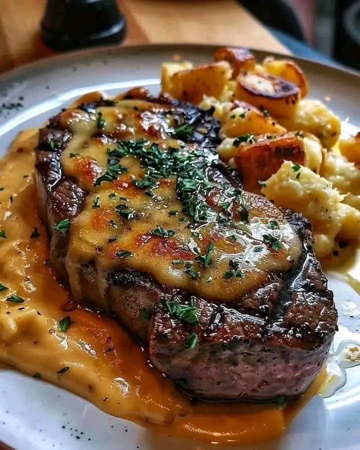 Ribeye Steak with Cheesy Scalloped Potatoes 