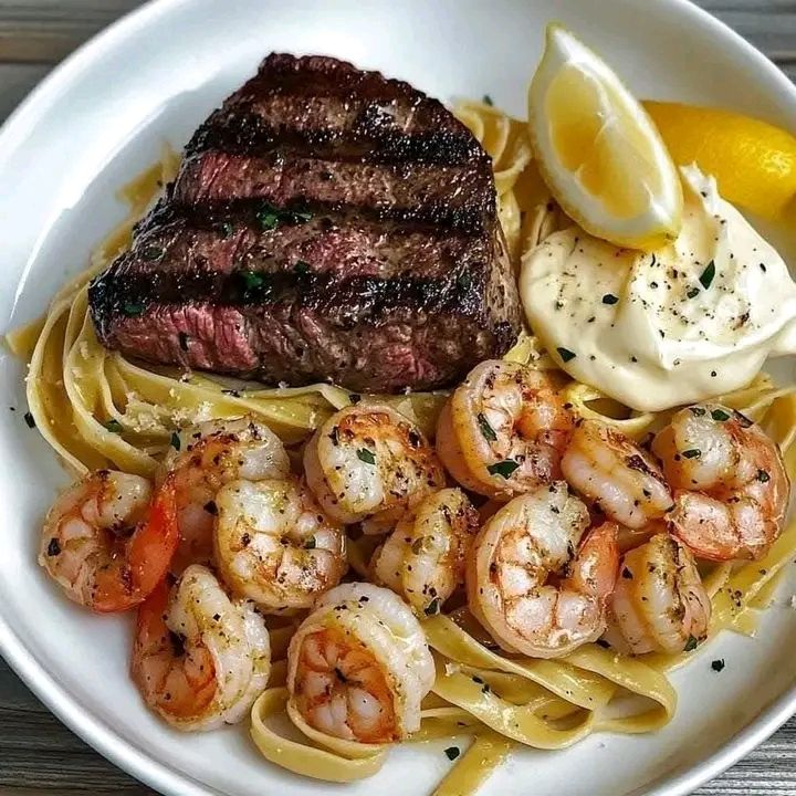 Grilled Filet Mignon with Garlic Butter Shrimp & Creamy Linguine