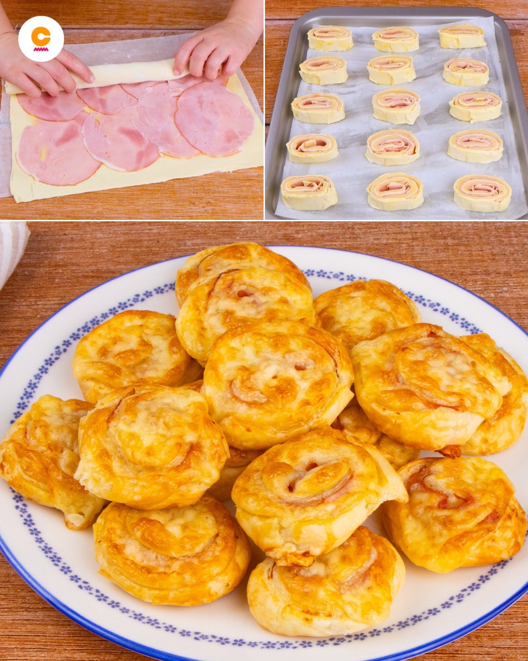 Roll the puff pastry, ham, and cheese