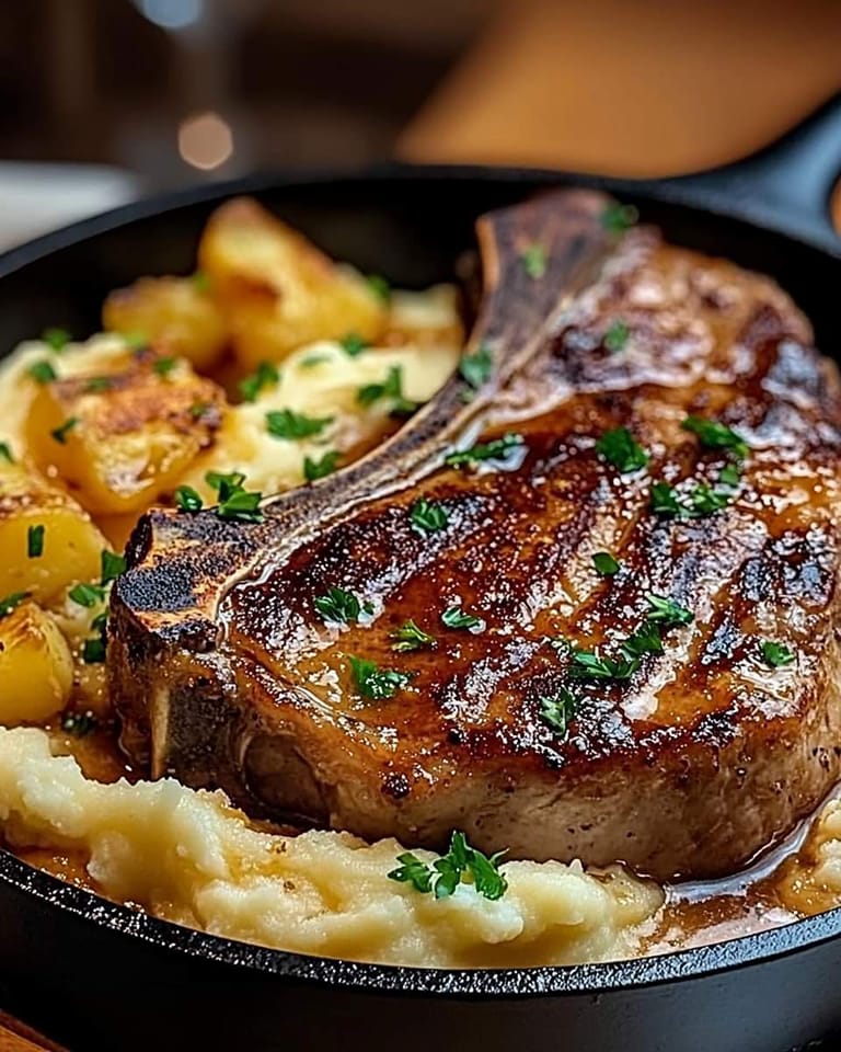 Garlic Butter Pork Chops with Cheesy Potato Bake