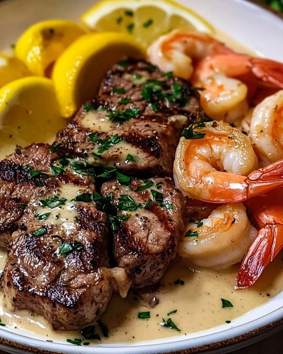 Creamy Lemon Garlic Butter Steak and Shrimp 