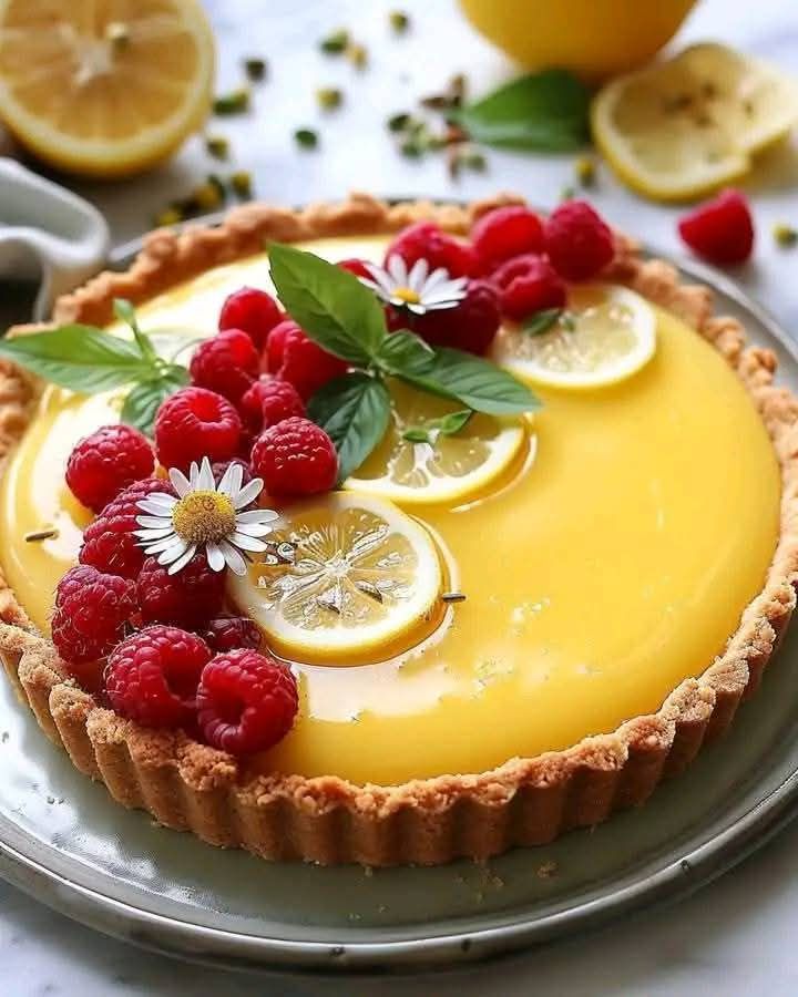 No-Bake Lemon Tart with Raspberries & Basil