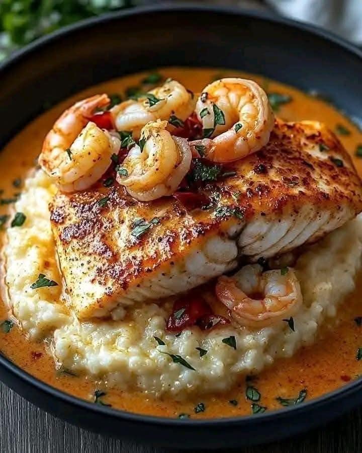 Red Snapper, Shrimp & Grits with a Cajun Cream Sauce 