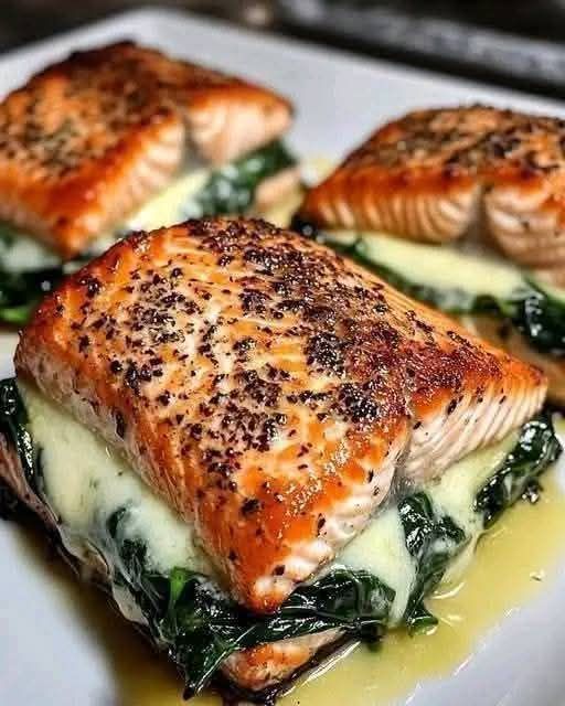 Blackened Salmon Stuffed with Spinach & Parmesan 