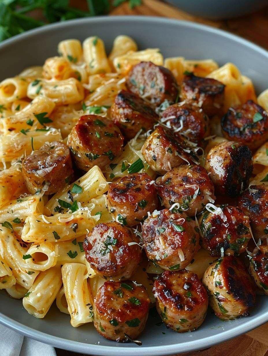 If you’re craving a cozy meal that combines rich flavors and a comforting vibe, these Garlic Butter Sausage Bites with Creamy Parmesan Pasta are perfect for you! 