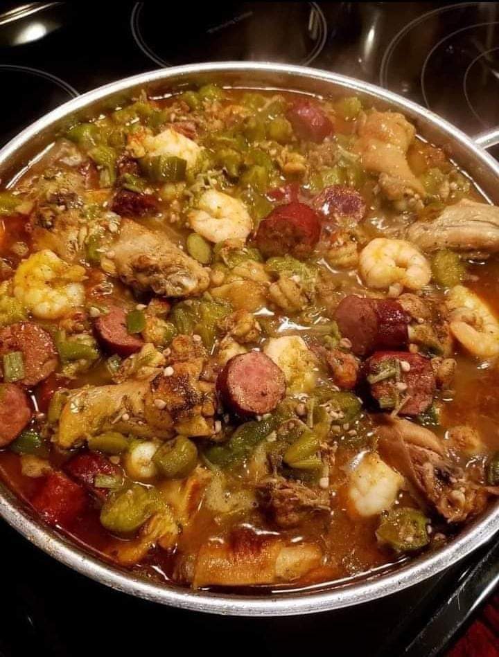 Okra stew with chicken, sausage, shrimp and crawfish tails, onion and green peppers