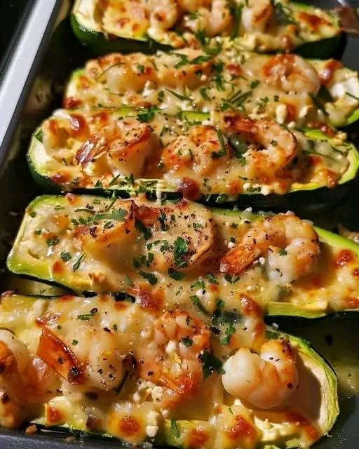 Courgettes gratinées aux crevettes et à l’ail, faibles en glucides et délicieuses