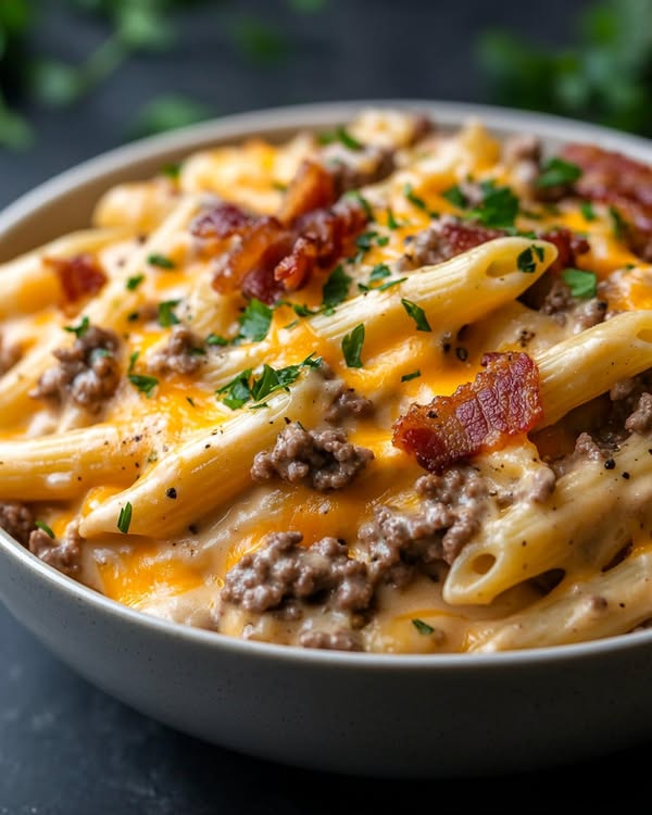 Loaded Bacon Cheeseburger Alfredo Pasta 