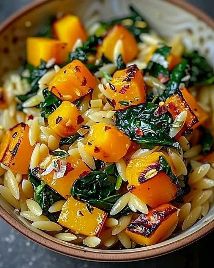 Orzo with Roasted Butternut Squash and Spinach 