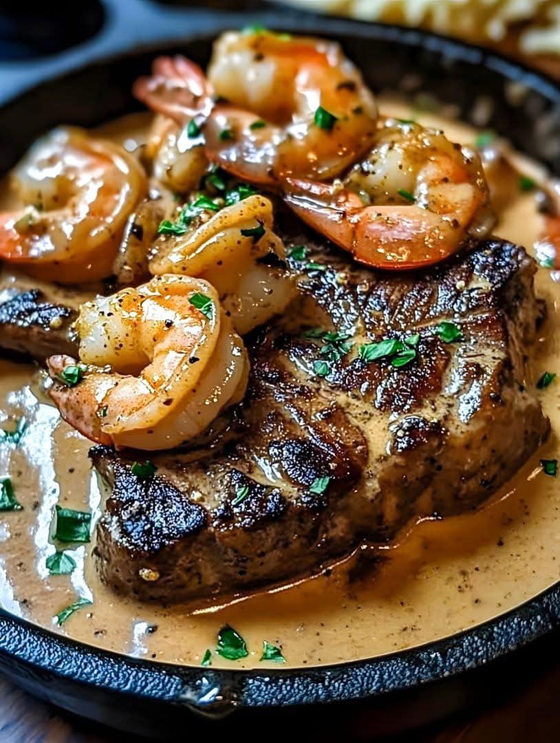 Steak in Creamy Cajun Shrimp Sauce! 