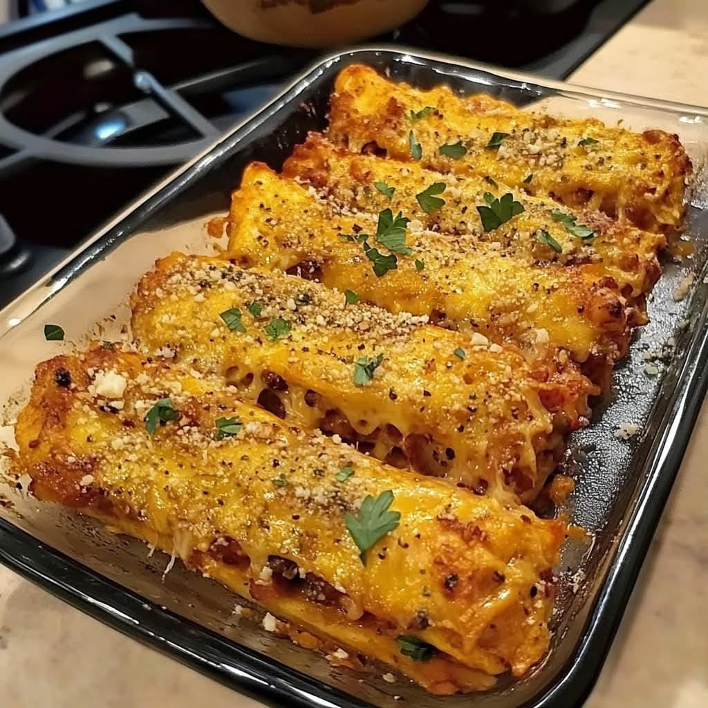 Cheesy Baked Manicotti with Meat Sauce