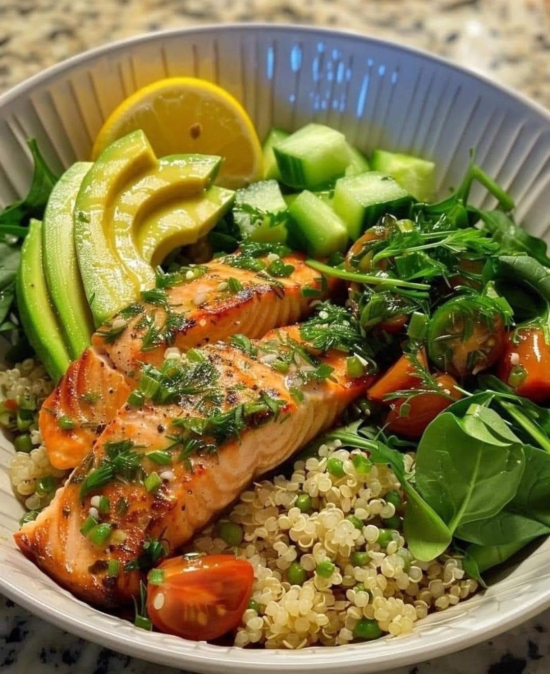 Lemon Herb Salmon and Avocado Quinoa Bowl