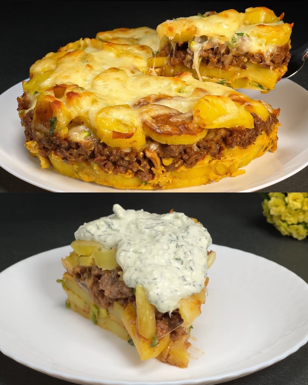 Baked Potato and Meat Casserole with Garlic Yogurt Sauce