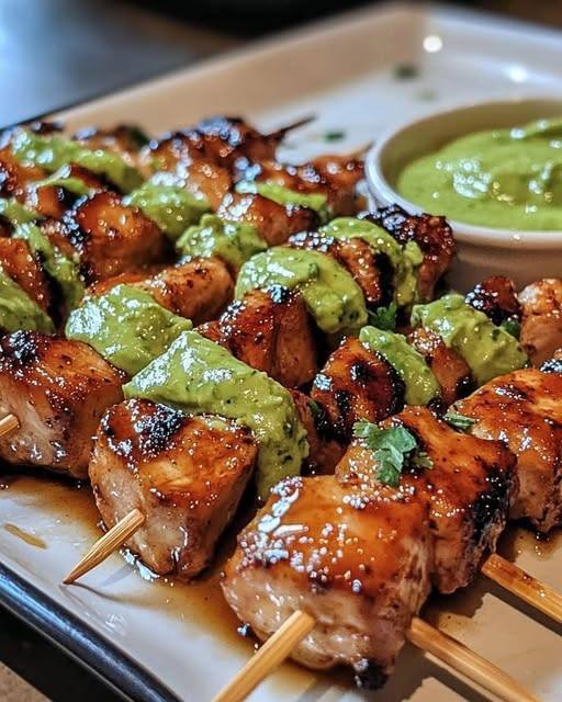 Spicy Honey Garlic Chicken Skewers with Creamy Avocado Dipping Sauce 