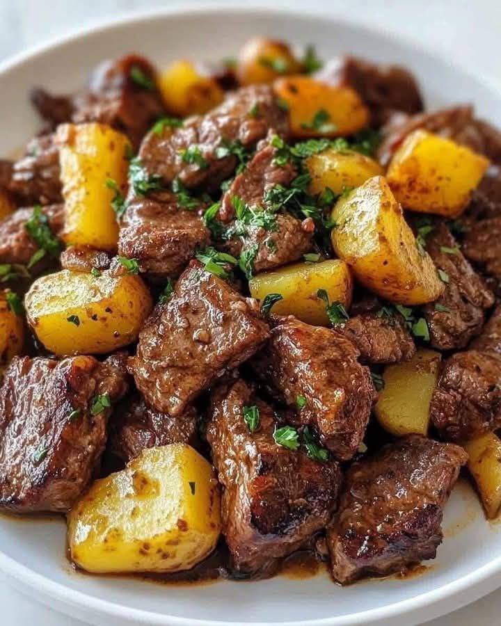 Air Fryer Garlic Butter Steak Bites and Potatoes