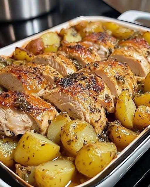 The image shows a delicious roast chicken with potatoes, perfectly seasoned and baked to golden perfection. The chicken is tender, juicy, and surrounded by crispy, flavorful potatoes, making it a comforting and hearty meal.