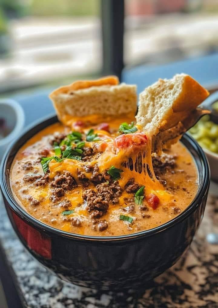  Slow Cooker Cheesy Burger Flavored Soup 