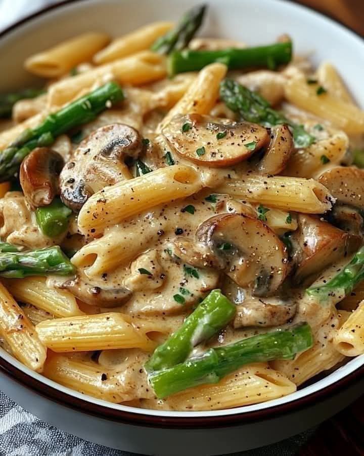 Creamy Mushroom and Asparagus Chicken Penne