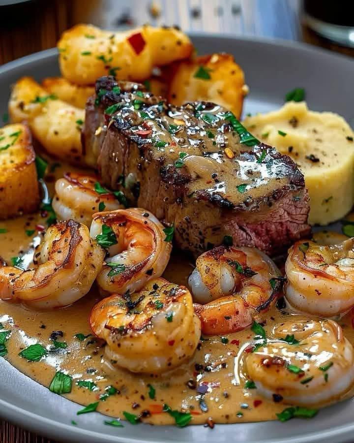 Title: Grilled Steak & Shrimp with Creamy Garlic Sauce 