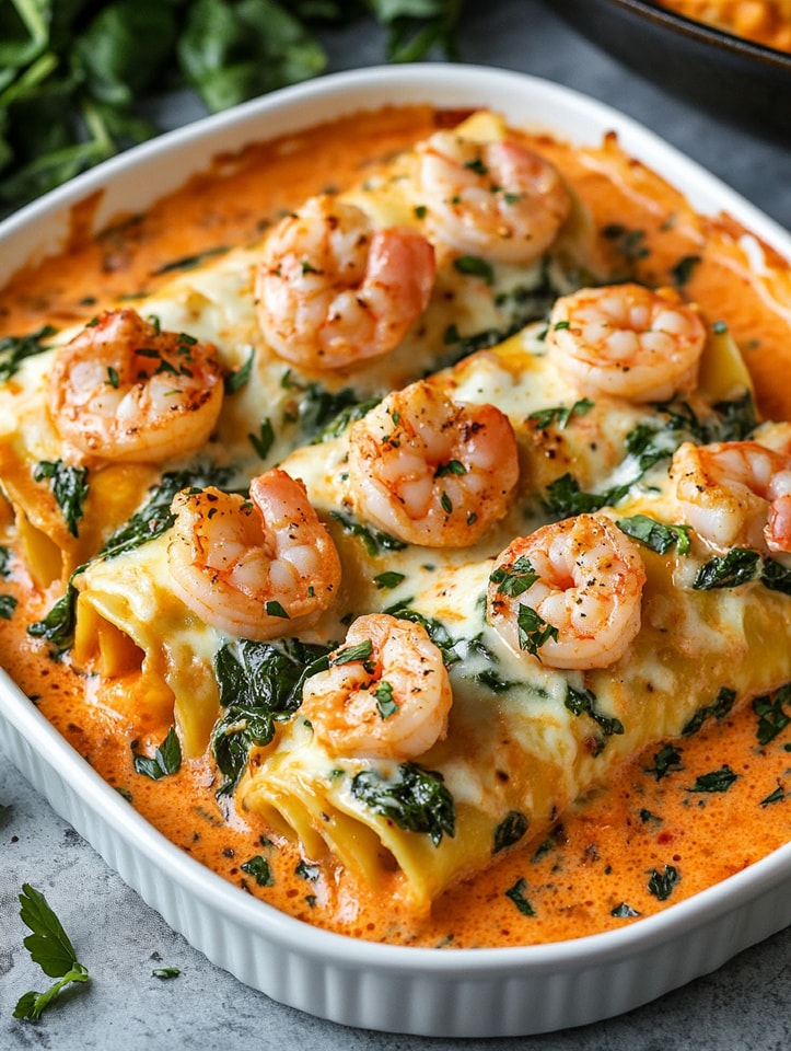  Shrimp & Spinach Lasagna Rolls with Creamy Pepper Sauce 