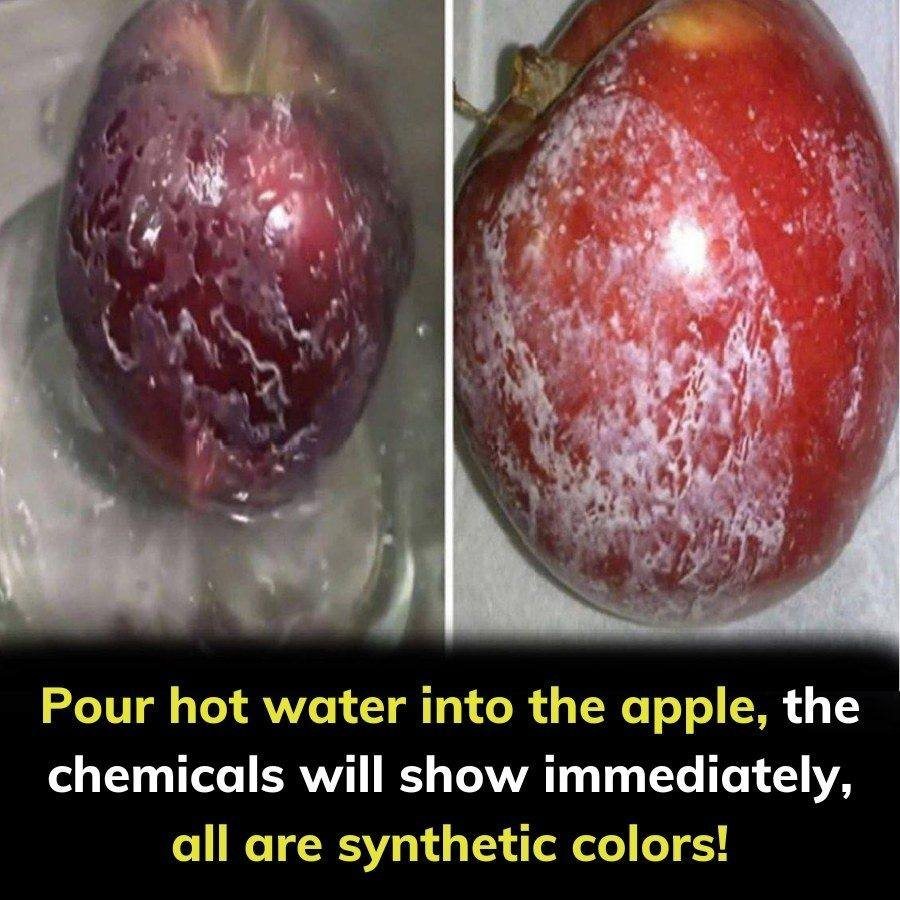 Pour hot water into the apple, the chemicals will show immediately