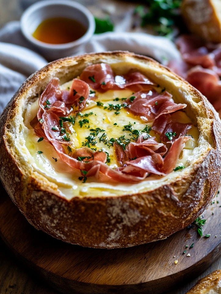  Baked Brie Bread Bowl with Fig Jam & Walnuts